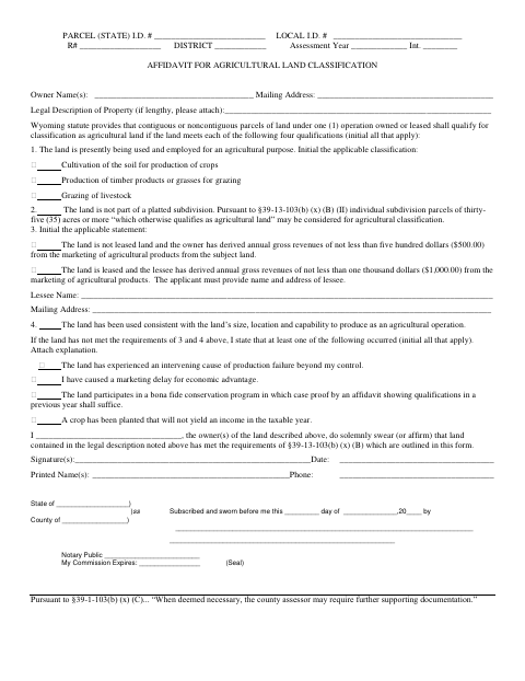 Affidavit for Agricultural Land Classification, Teton County form, first page