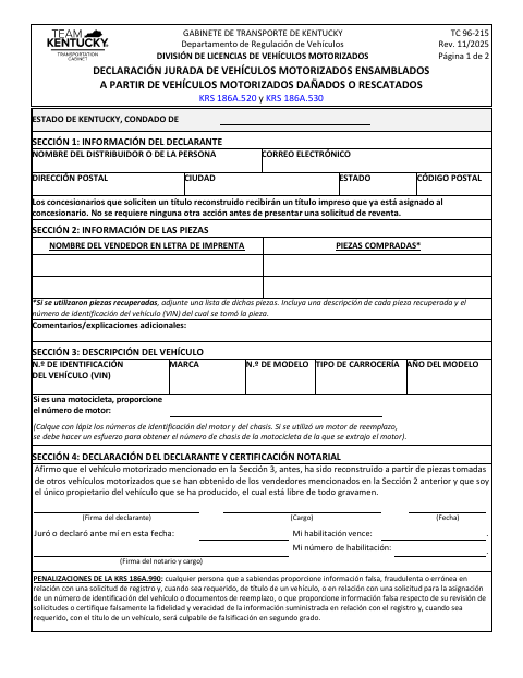 TC 96-215 Rebuilt Motor Vehicle Affidavit first page