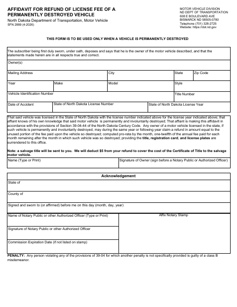 SFN 2889 Affidavit for Refund of License Fee of a Permanently Destroyed Vehicle first page
