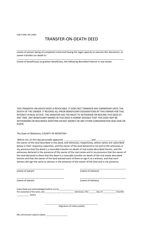 Transfer on Death Deed, McIntosh County form, first page