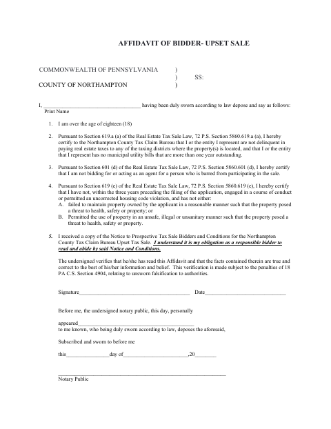 Affidavit of Bidder – Upset Sale, Northampton County form, first page
