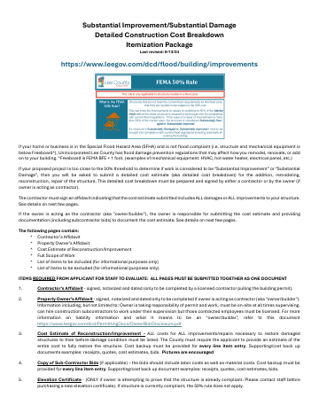 Substantial Improvement/Substantial Damage Detailed ... — Lee County form, first page