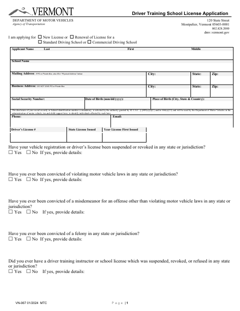 VN-067 Driver Training School License Application first page