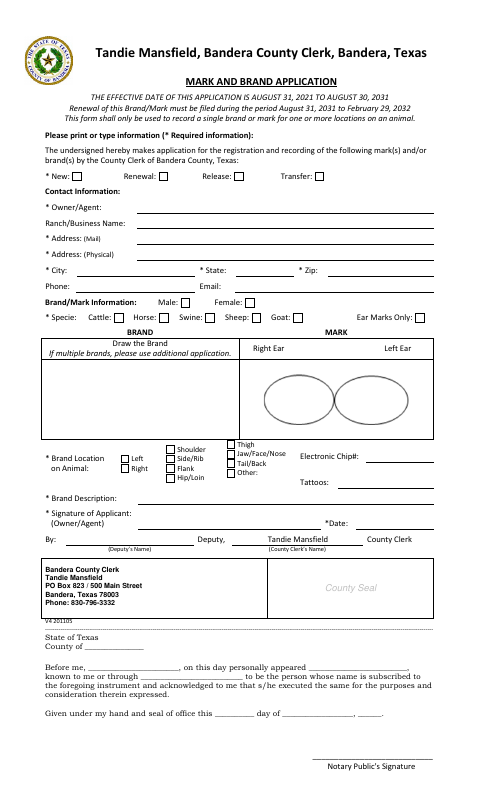 Mark and Brand Application, Bandera County form, first page