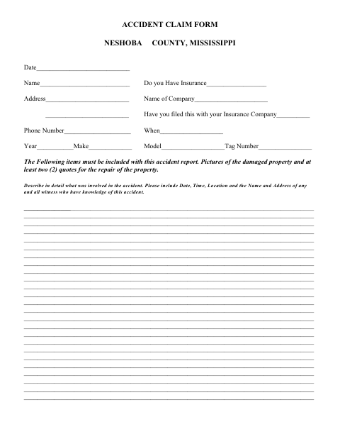 Accident Claim Form, Neshoba County form, first page