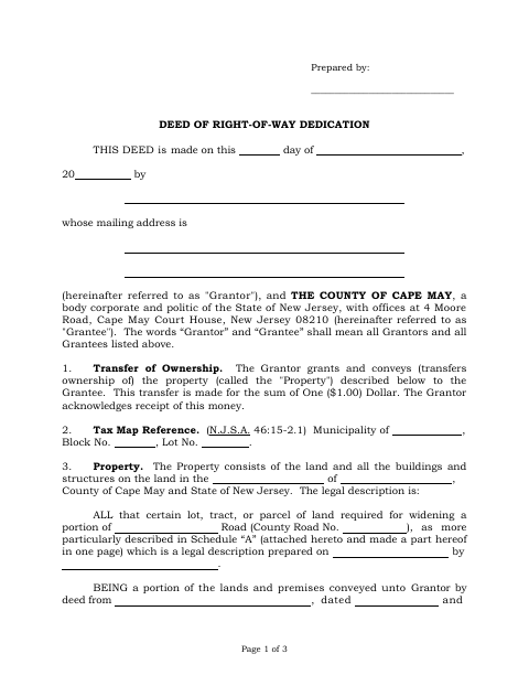 Deed of Right-of-Way Dedication, Cape May County form, first page