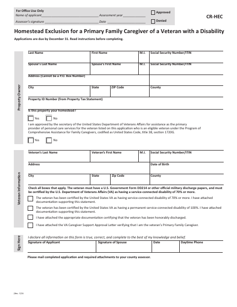 First page of the Homestead Exclusion for a Primary Family Caregiver of a Veteran with a Disability