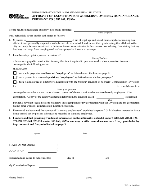 First page of the Affidavit of Exemption for Workers’ Compensation Insurance