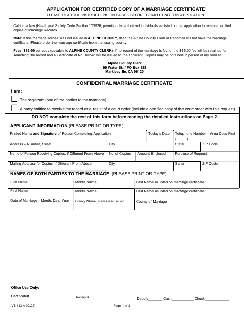 Application for Certified Copy of a Marriage Certificate, Alpine County form, first page
