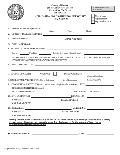 Application for On-Site Sewage Facility, Karnes County form, first page