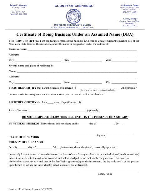 Certificate of Doing Business Under an Assumed Name, Chenango County form, first page