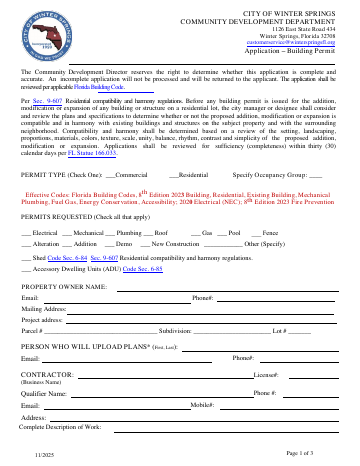 First page of the Building Permit Application