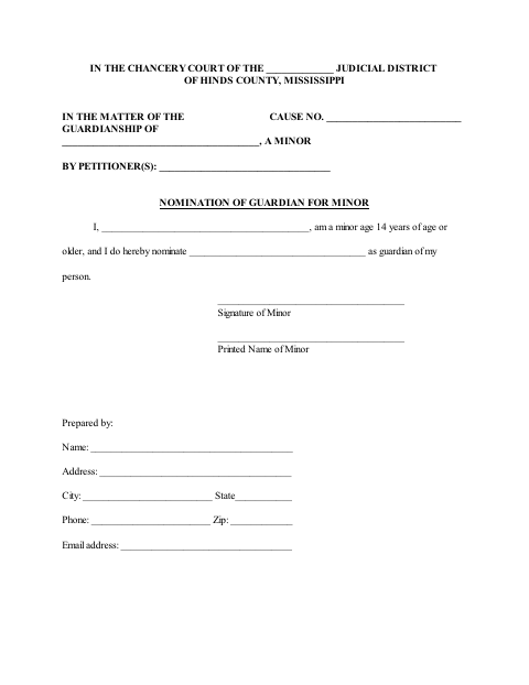 Nomination of Guardian for Minor, Hinds County form, first page