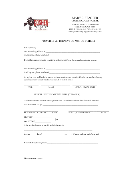 Power of Attorney for Motor Vehicle, Goshen County form, first page