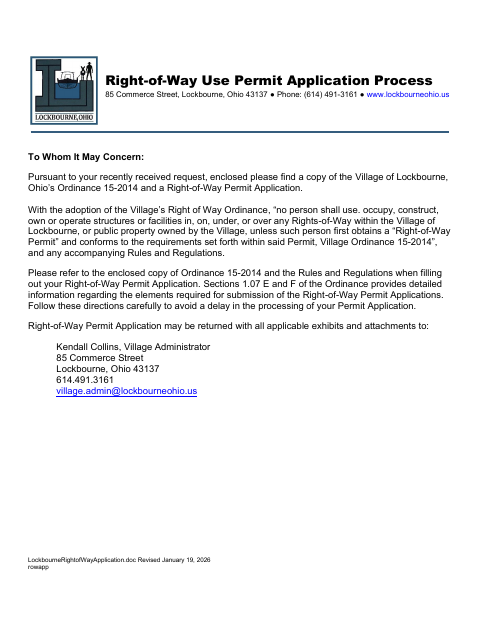First page of the Right-of-Way Permit Application