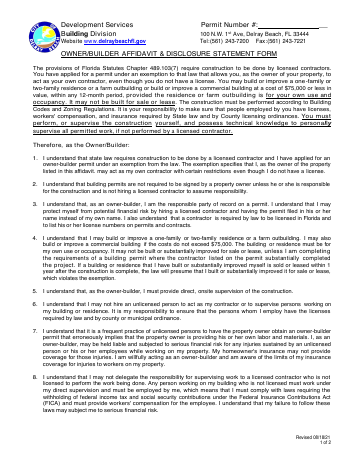 First page of the Owner/Builder Affidavit & Disclosure Statement