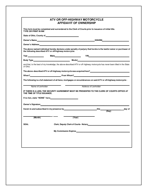 Affidavit of Ownership for ATV or Off-Road Motorcycle, Lucas County form, first page
