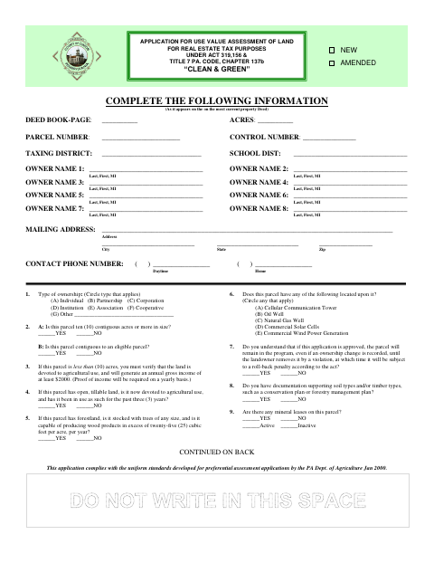 Clean And Green Application, Clinton County form, first page