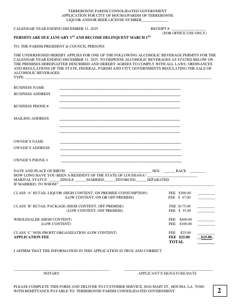 Liquor And/Or Beer License Application, Terrebonne Parish form, first page