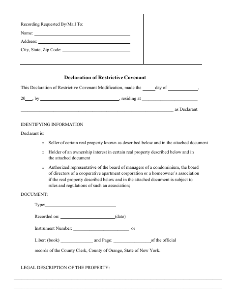 Declaration of Restrictive Covenant, Orange County form, first page