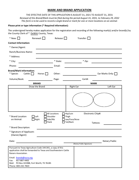 Mark and Brand Application, DeWitt County form, first page