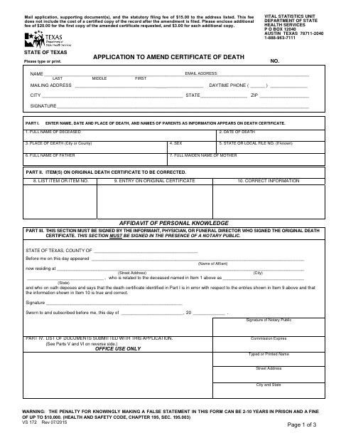 Application to Amend Certificate of Death, Starr County form, first page