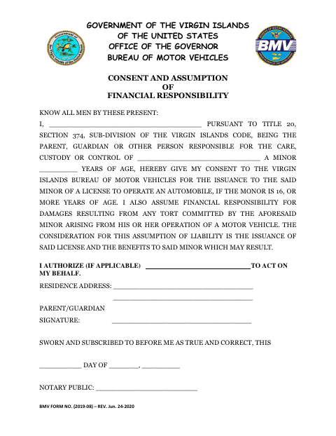 Consent and Assumption of Financial Responsibility BMV Form 2019-08 first page