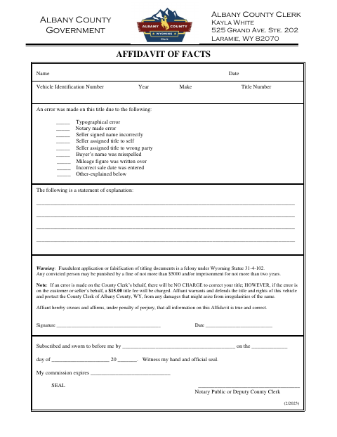 Affidavit of Facts, Albany County form, first page