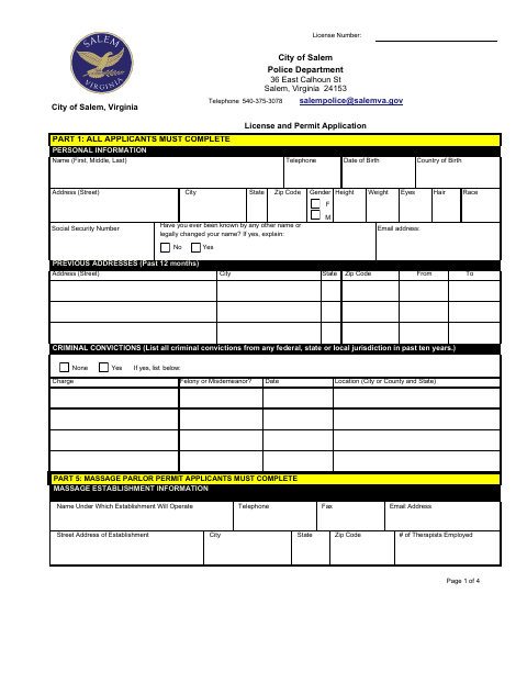 License and Permit Application, City of Salem form, first page