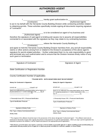 AUTHORIZED AGENT AFFIDAVIT — Hernando County form, first page