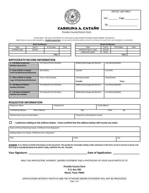 Birth And Death Record Application, Presidio County form, first page