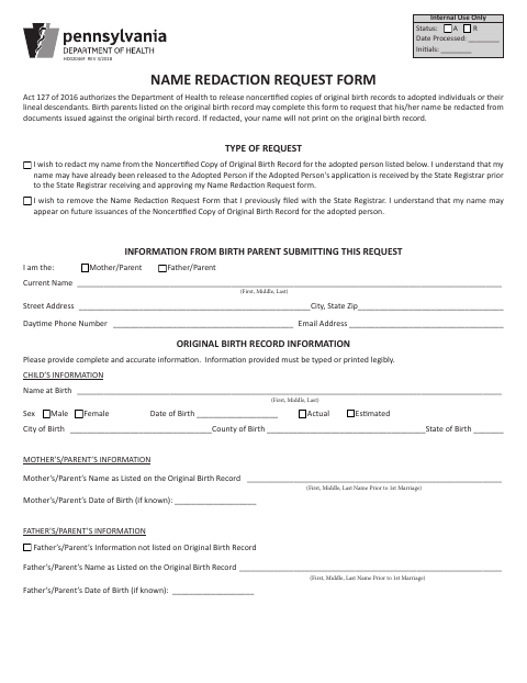 Name Redaction Request Form HD02046F first page