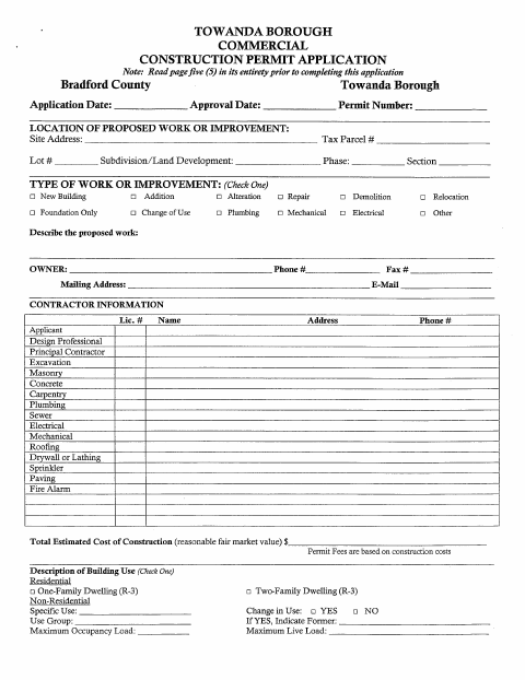 First page of the Commercial Construction Permit Application