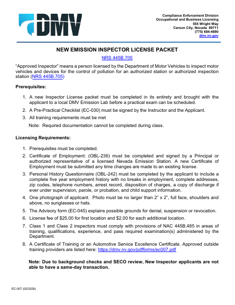 EC-007 New Emission Inspector License Packet first page