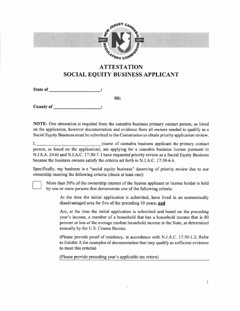 First page of the Social Equity Business Attestation