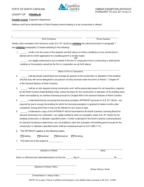 Owner Exemption Affidavit, Franklin County form, first page