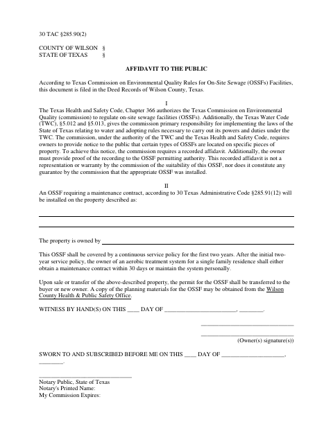 Affidavit to the Public, Wilson County form, first page