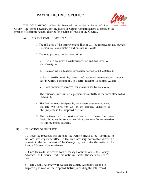 Improvement District Petition, Lea County form, first page