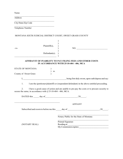 Affidavit of Inability to Pay Filing Fees and Other Costs, Sweet Grass County form, first page