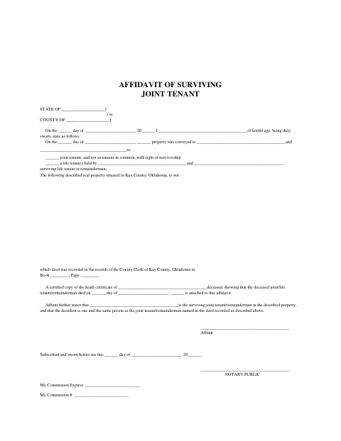 Affidavit of Surviving Joint Tenant, Kay County form, first page