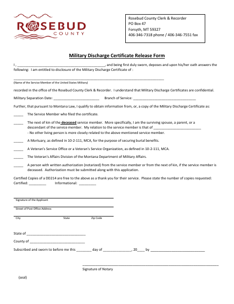 Military Discharge Certificate Release Form, Rosebud County form, first page