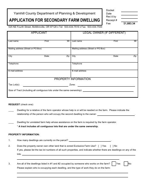 Application For Secondary Farm Dwelling, Yamhill County form, first page