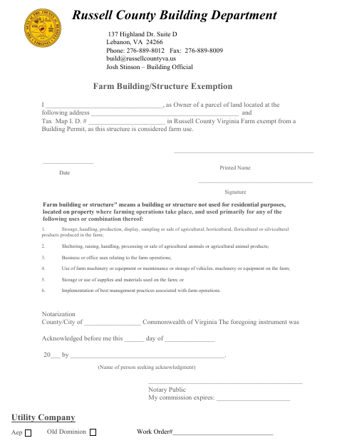 Farm Building/Structure Exemption, Russell County form, first page