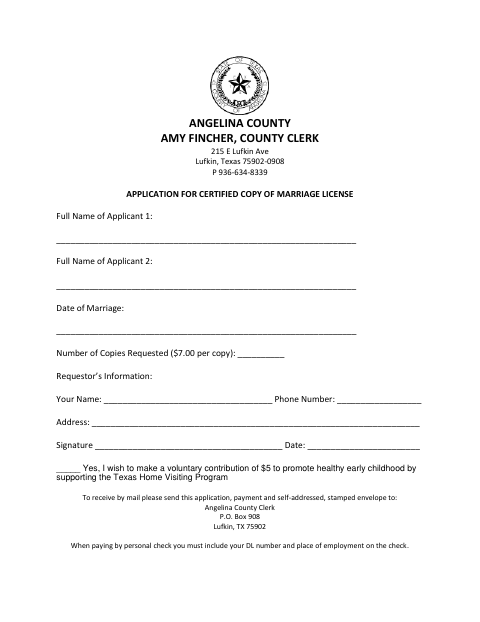 First page of the Application for Certified Copy of Marriage License