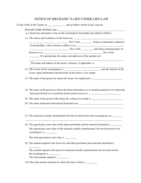 Notice of Mechanic’s Lien Under Lien Law, Orange County form, first page