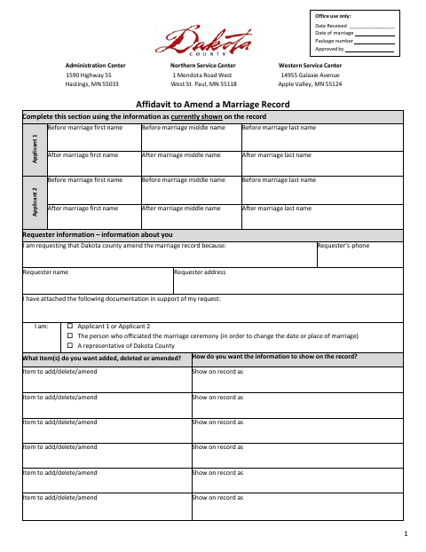 Affidavit to Amend a Marriage Record, Dakota County form, first page