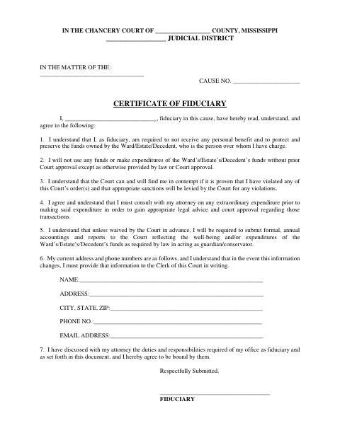 Certificate of Fiduciary, Hinds County form, first page