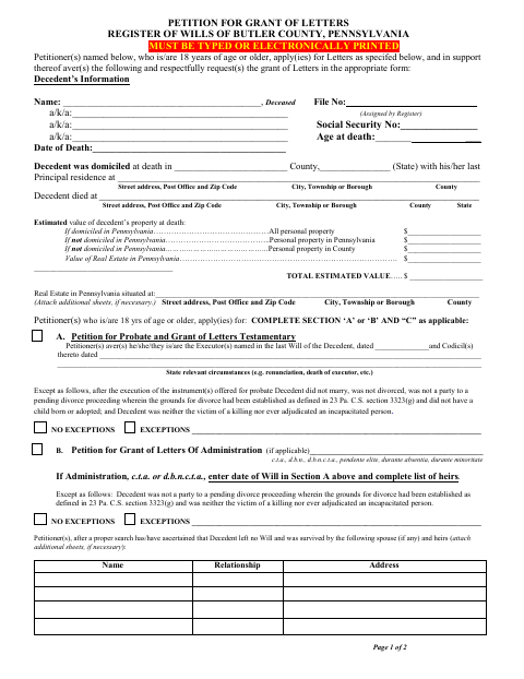 Petition for Grant of Letters, Butler County form, first page