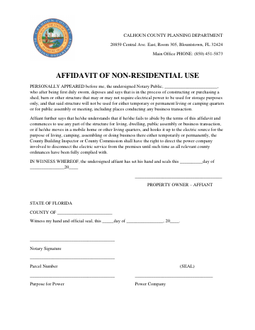 AFFIDAVIT OF NON-RESIDENTIAL USE — Calhoun County form, first page
