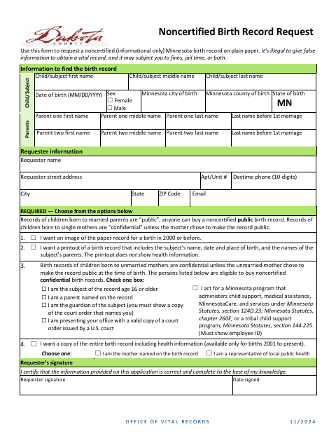 Noncertified Birth Record Request, Dakota County form, first page